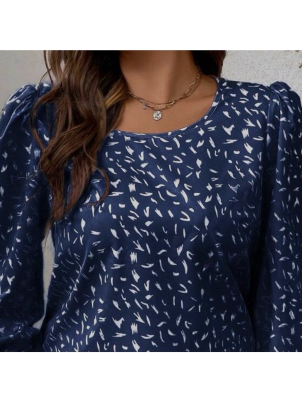 Navy Blue Printed Puff-Sleeve Blouse